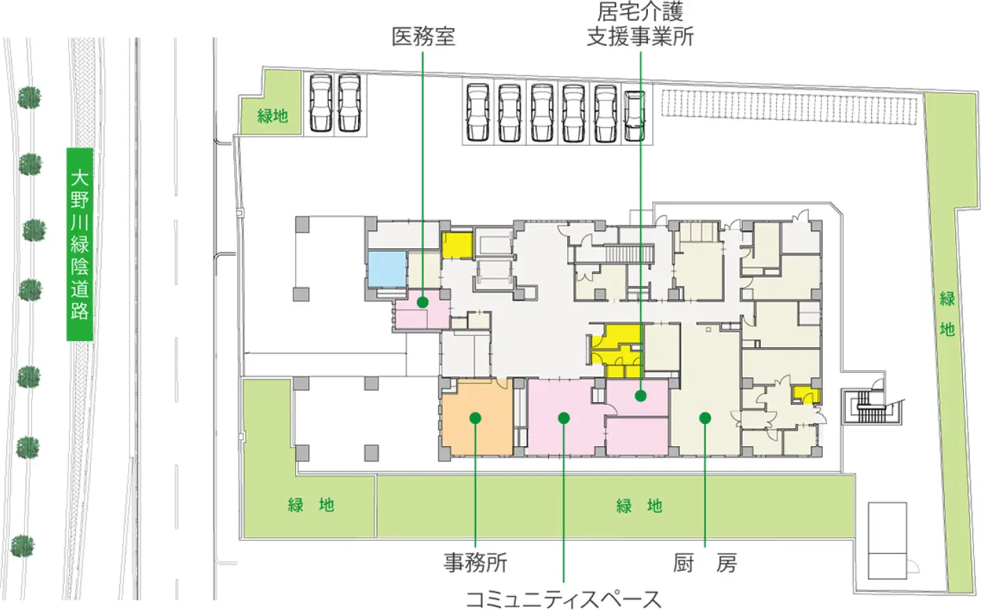 1Fのフロアプラン(医務室・居宅介護支援事業所・事務所・コミュニティスペース・厨房)