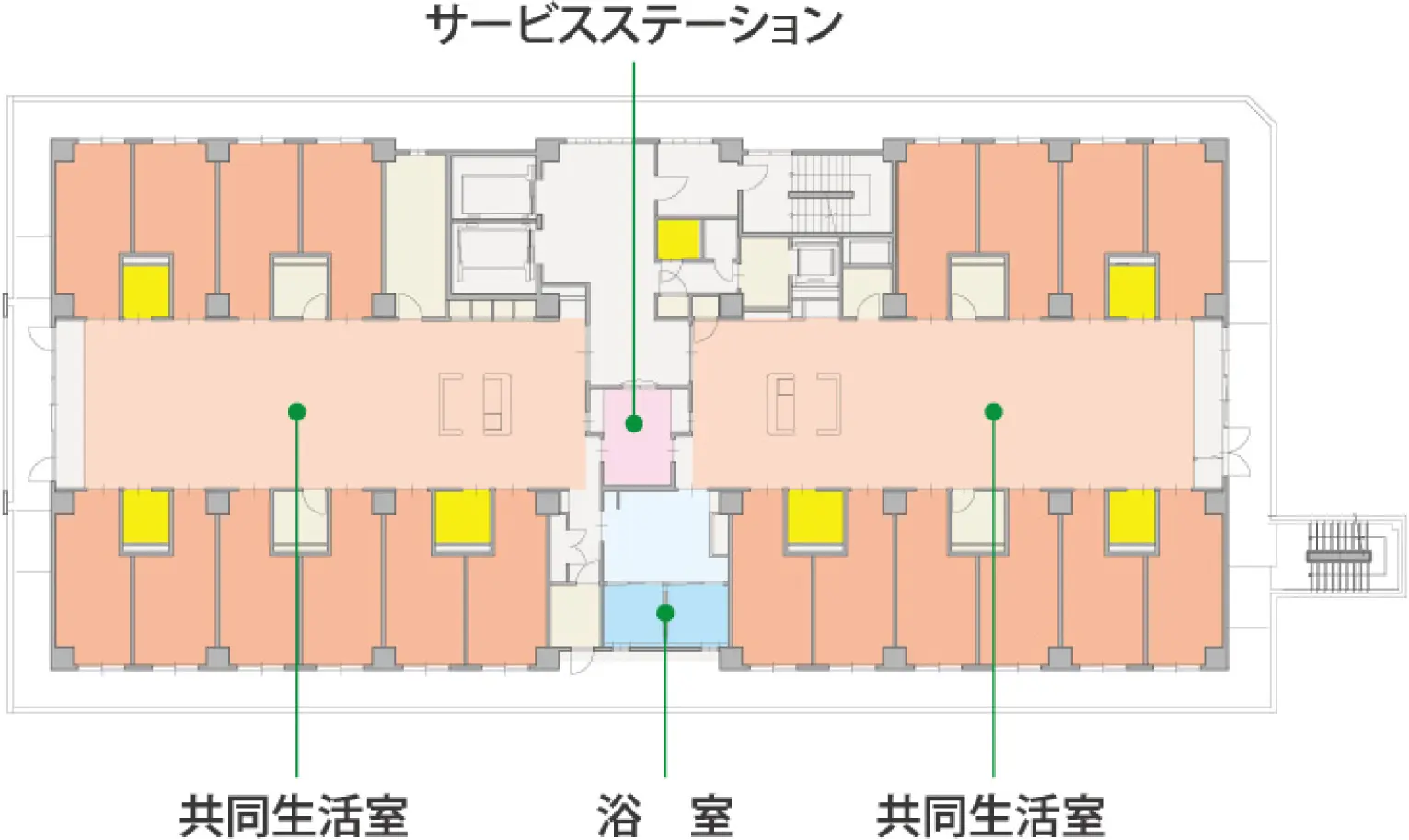 2F～6Fのフロアプラン(サービスステーション・共同生活室・浴室)